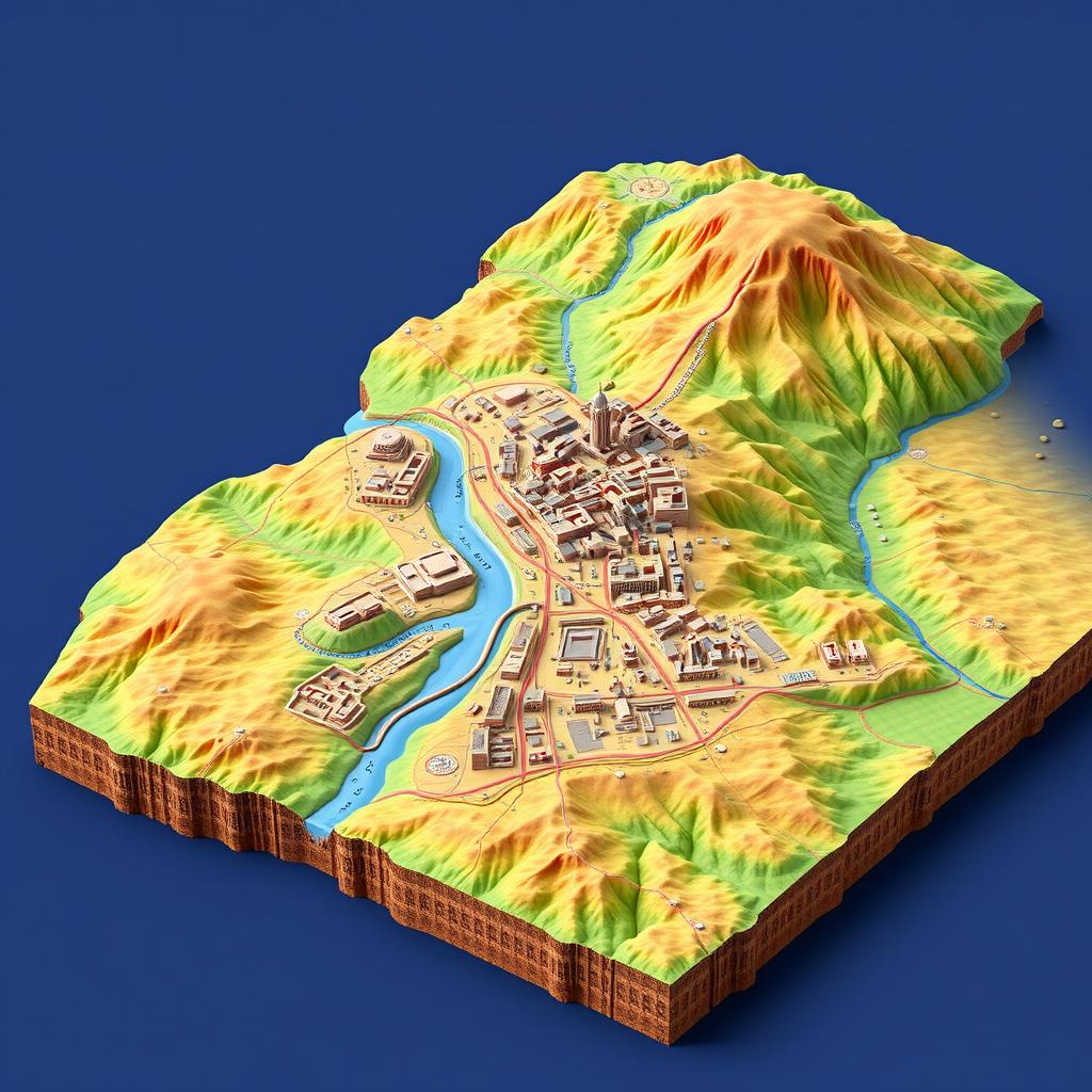 A detailed 3D topographic map of Mosul, Iraq, showcasing the city's layout including roads, buildings, and significant landmarks such as the Tigris River, historic sites, and urban areas