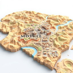 A detailed 3D topographic map of Mosul, Iraq, showcasing the city's layout including roads, buildings, and significant landmarks such as the Tigris River, historic sites, and urban areas