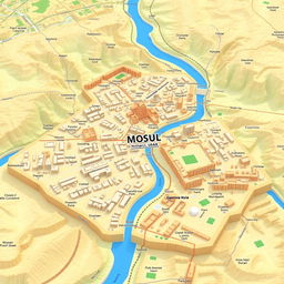 A detailed 3D topographic map of Mosul, Iraq, showcasing the city's layout including roads, buildings, and significant landmarks such as the Tigris River, historic sites, and urban areas