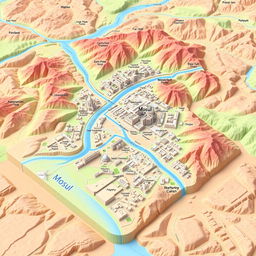 A detailed 3D topographic map of Mosul, Iraq, showcasing the city's layout including roads, buildings, and significant landmarks such as the Tigris River, historic sites, and urban areas