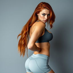 A sexy 19-year-old European girl in a striking pose, showcasing her extremely large, wide breasts and a slim, muscular body with a defined six-pack