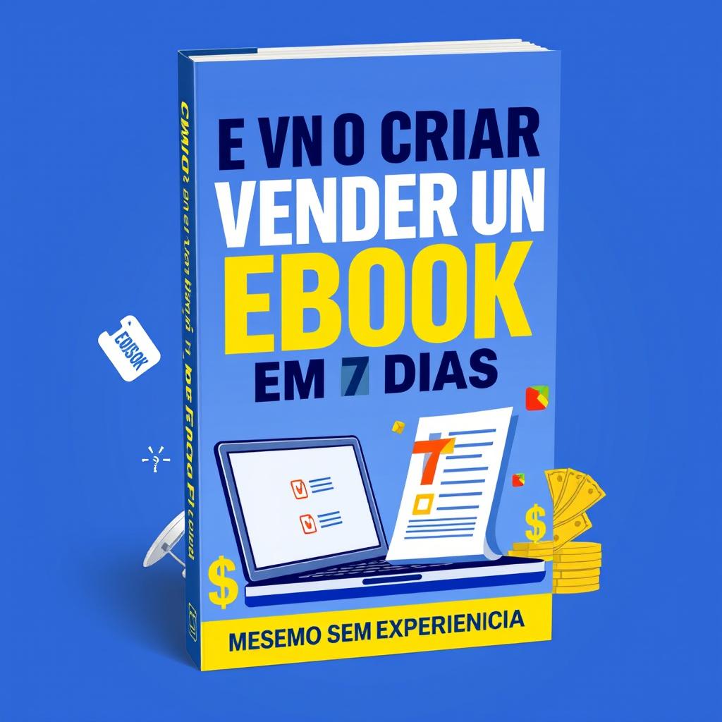 A captivating digital book cover for 'Como Criar e Vender um Ebook em 7 Dias (Mesmo Sem Experiência)'