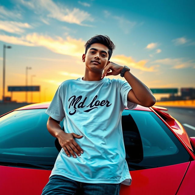 A striking scene featuring a boy named 'Md Sofar' reclining confidently against a vibrant neon red Lamborghini