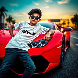 A striking scene featuring a boy named 'Md Sofar' reclining confidently against a vibrant neon red Lamborghini