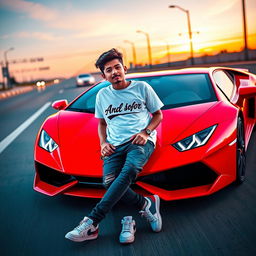 A striking scene featuring a boy named 'Md Sofar' reclining confidently against a vibrant neon red Lamborghini