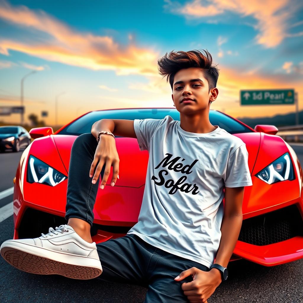 A striking scene featuring a boy named 'Md Sofar' reclining confidently against a vibrant neon red Lamborghini