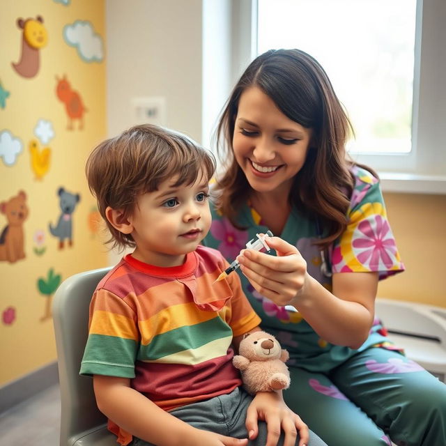 A young child sitting in a bright, cheerful examination room with cartoon-themed decorations on the walls