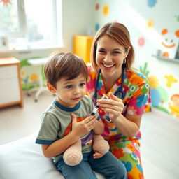 A young child sitting in a bright, cheerful examination room with cartoon-themed decorations on the walls