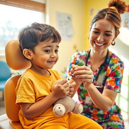 A young child sitting in a bright, cheerful examination room with cartoon-themed decorations on the walls