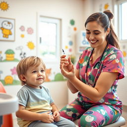 A young child sitting in a bright, cheerful examination room with cartoon-themed decorations on the walls