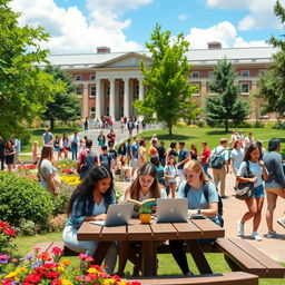 A vibrant and bustling college campus scene, showcasing diverse students engaged in various activities
