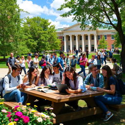 A vibrant and bustling college campus scene, showcasing diverse students engaged in various activities