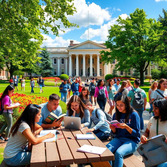 A vibrant and bustling college campus scene, showcasing diverse students engaged in various activities