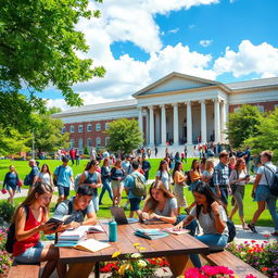 A vibrant and bustling college campus scene, showcasing diverse students engaged in various activities