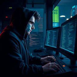 A digital representation of a modern hacker in a dark, high-tech environment, wearing a hoodie and glasses, illuminated by multiple computer screens displaying code and data streams