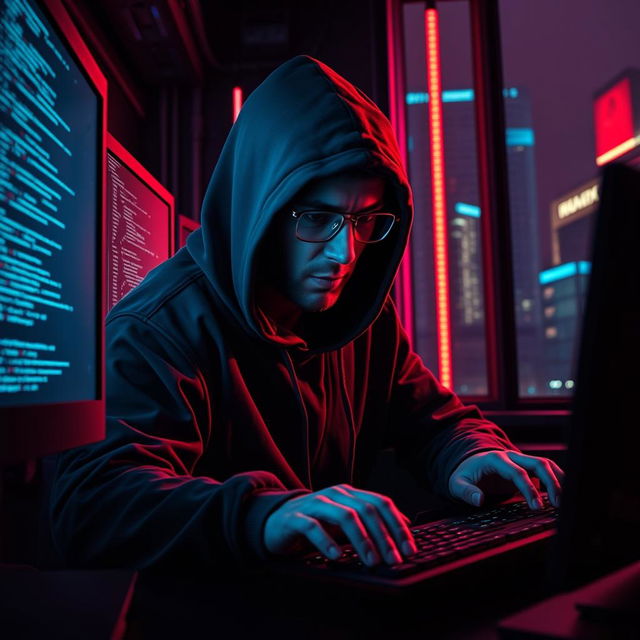 A digital representation of a modern hacker in a dark, high-tech environment, wearing a hoodie and glasses, illuminated by multiple computer screens displaying code and data streams