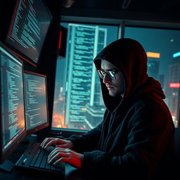 A digital representation of a modern hacker in a dark, high-tech environment, wearing a hoodie and glasses, illuminated by multiple computer screens displaying code and data streams