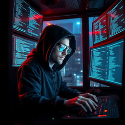 A digital representation of a modern hacker in a dark, high-tech environment, wearing a hoodie and glasses, illuminated by multiple computer screens displaying code and data streams