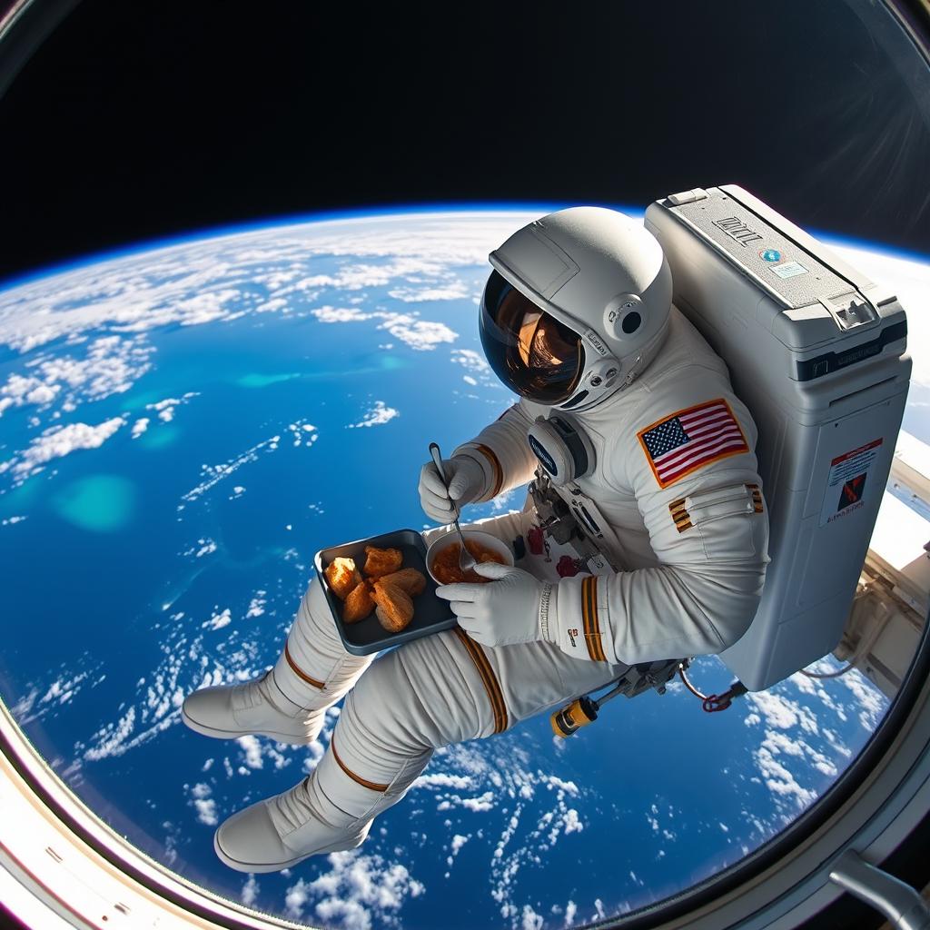 An astronaut floating in space in low Earth orbit, comfortably seated at a small table eating a meal