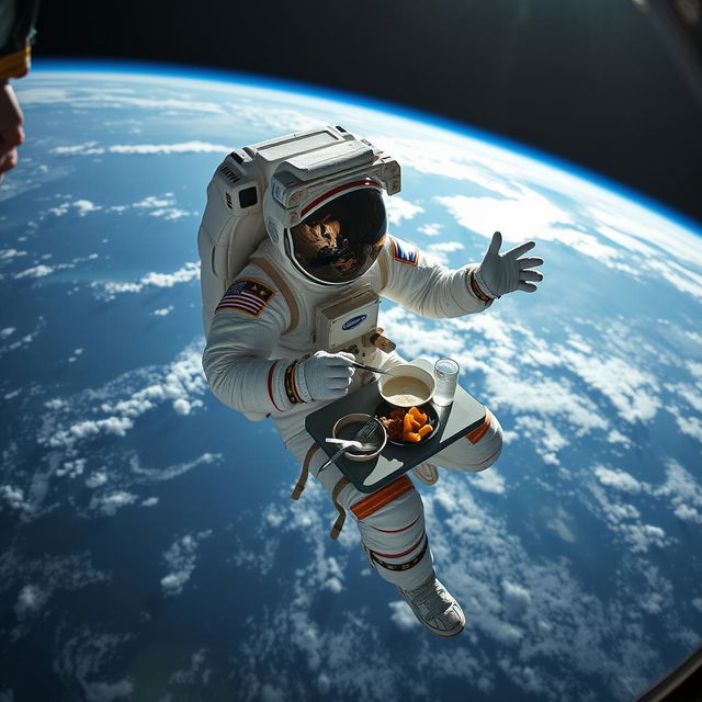 An astronaut floating in space in low Earth orbit, comfortably seated at a small table eating a meal