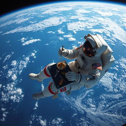 An astronaut floating in space in low Earth orbit, comfortably seated at a small table eating a meal