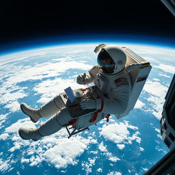 An astronaut floating in space in low Earth orbit, comfortably seated at a small table eating a meal