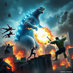 A stunning and intense scene depicting a masterpiece collaboration between Marvel Studios and Toho Studios, showcasing a life-and-death battle in New York City where the Avengers face off against Godzilla