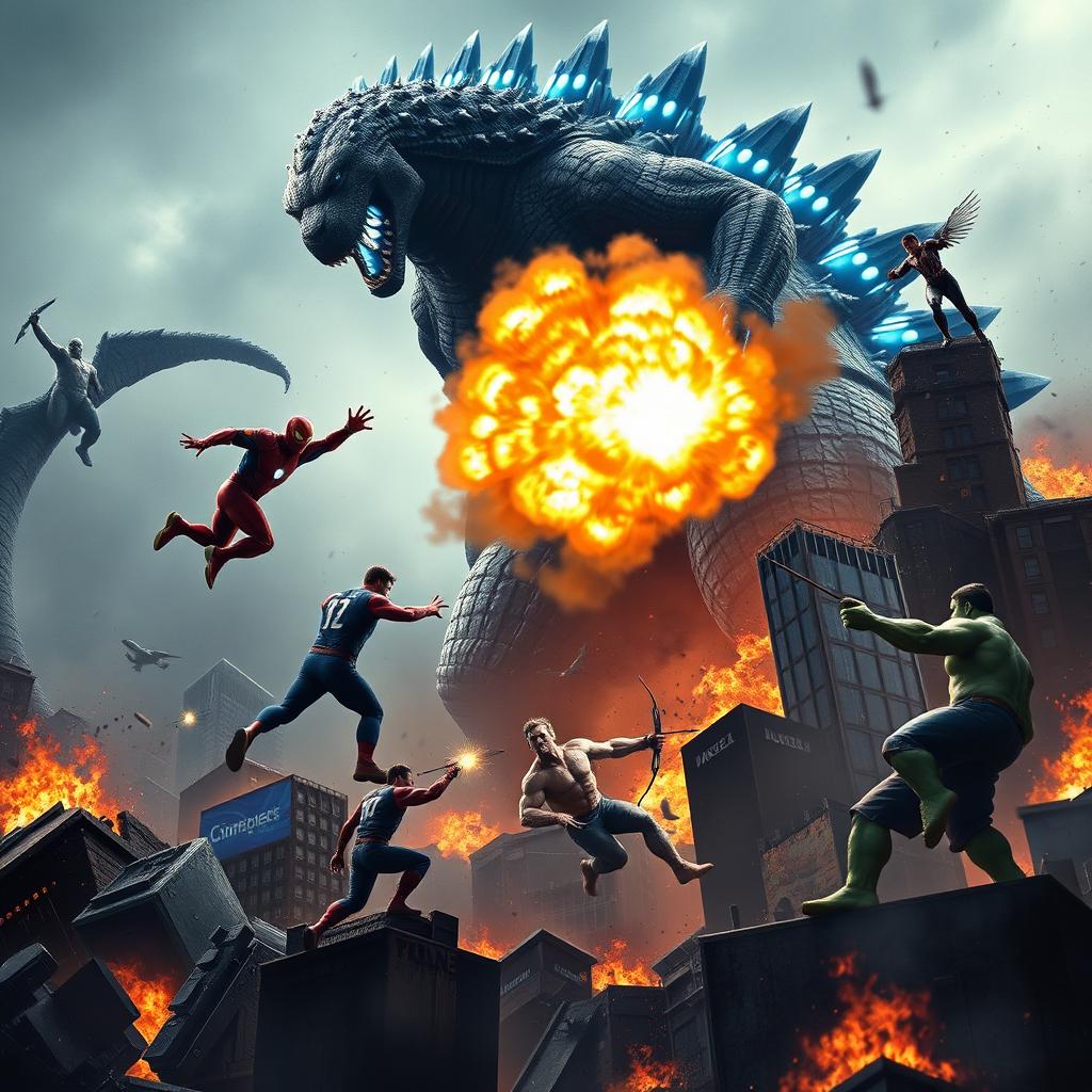 A stunning and intense scene depicting a masterpiece collaboration between Marvel Studios and Toho Studios, showcasing a life-and-death battle in New York City where the Avengers face off against Godzilla