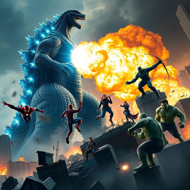 A stunning and intense scene depicting a masterpiece collaboration between Marvel Studios and Toho Studios, showcasing a life-and-death battle in New York City where the Avengers face off against Godzilla