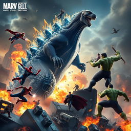 A stunning and intense scene depicting a masterpiece collaboration between Marvel Studios and Toho Studios, showcasing a life-and-death battle in New York City where the Avengers face off against Godzilla