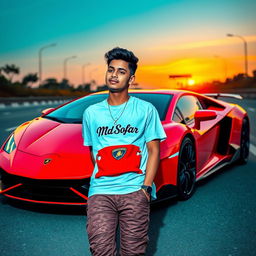 A striking scene featuring a boy named 'Md Sofar' reclining confidently against a neon red Lamborghini