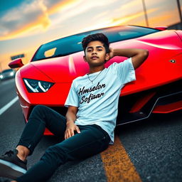 A striking scene featuring a boy named 'Md Sofar' reclining confidently against a neon red Lamborghini