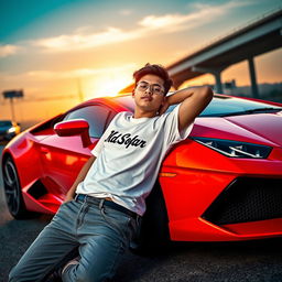 A striking scene featuring a boy named 'Md Sofar' reclining confidently against a neon red Lamborghini