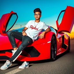 A striking scene featuring a boy named 'Md Sofar' reclining confidently against a neon red Lamborghini