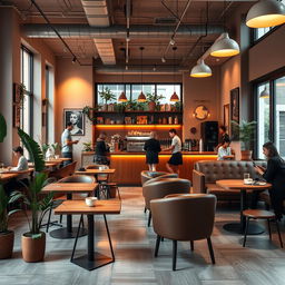 An interior design of a modern coffee shop featuring stylish furniture and vibrant decor
