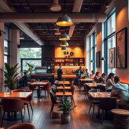 An interior design of a modern coffee shop featuring stylish furniture and vibrant decor