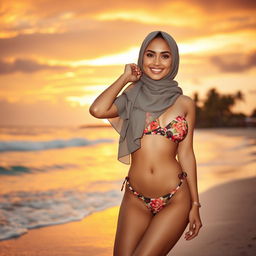 A sexy woman wearing a hijab and a bikini, confidently posing on a tropical beach