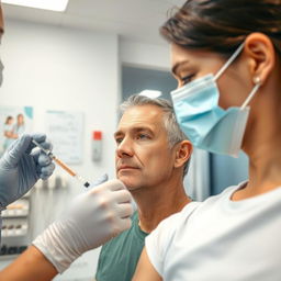 A close-up view of a vaccination scene featuring a medical professional administering a vaccine to an adult in a bright and sterile clinic