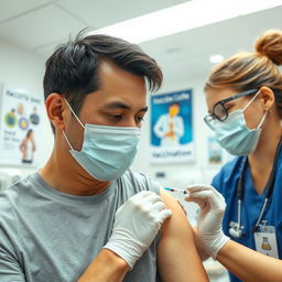 A close-up view of a vaccination scene featuring a medical professional administering a vaccine to an adult in a bright and sterile clinic