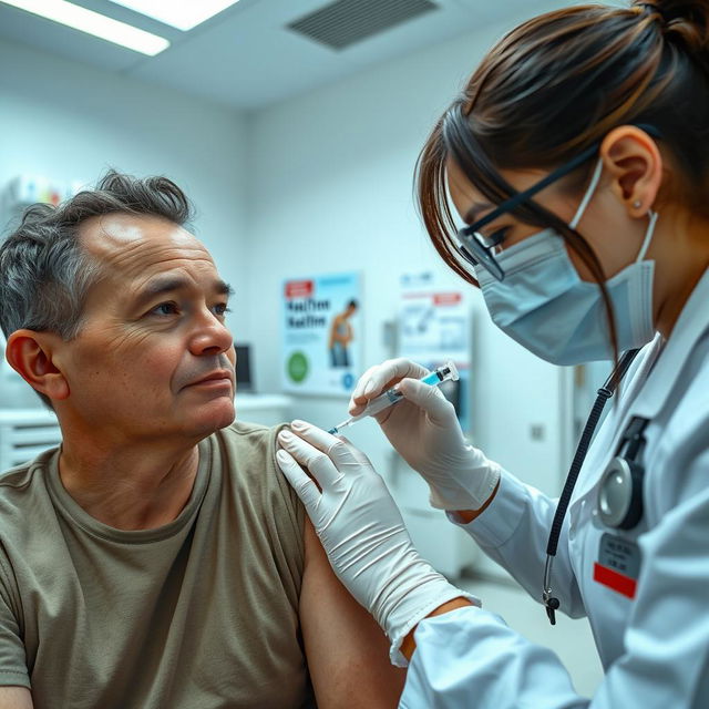 A close-up view of a vaccination scene featuring a medical professional administering a vaccine to an adult in a bright and sterile clinic