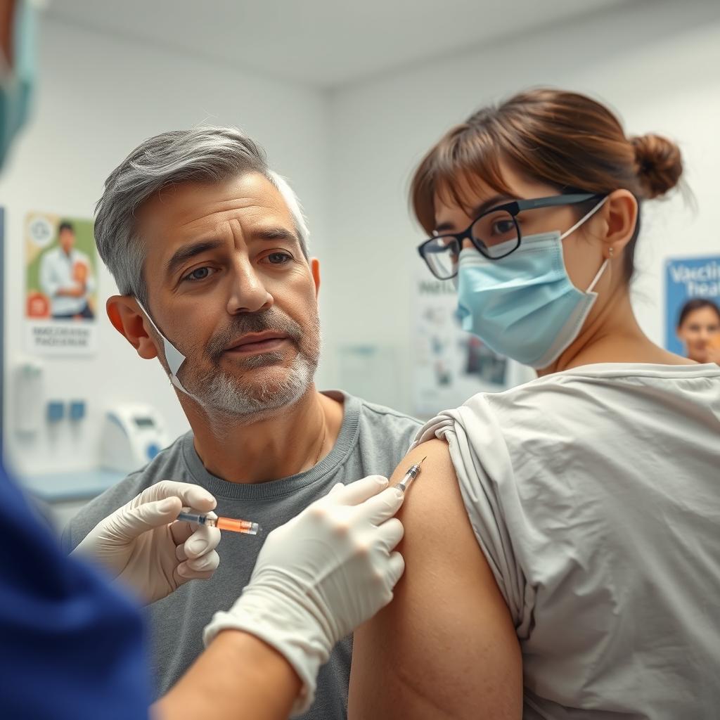 A close-up view of a vaccination scene featuring a medical professional administering a vaccine to an adult in a bright and sterile clinic