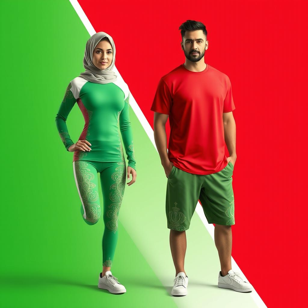 Stylish and modern women's and men's sportswear inspired by the Iranian flag, featuring the vibrant green, white, and red colors