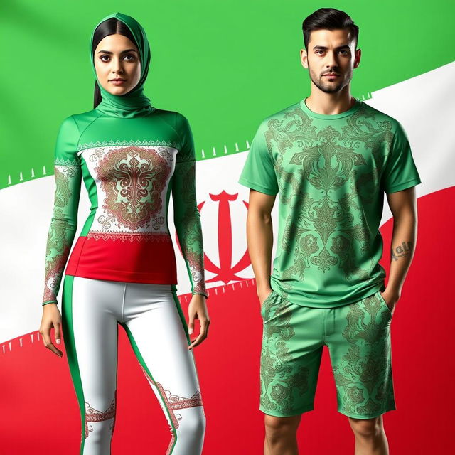 Stylish and modern women's and men's sportswear inspired by the Iranian flag, featuring the vibrant green, white, and red colors