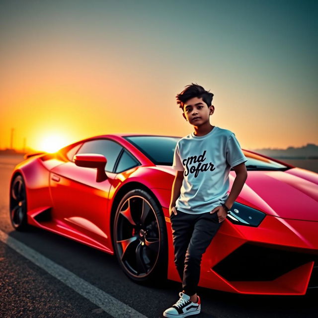 A striking scene featuring a boy named 'Md Sofar' standing confidently against a vibrant neon red Lamborghini