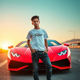 A striking scene featuring a boy named 'Md Sofar' standing confidently against a vibrant neon red Lamborghini