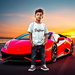 A striking scene featuring a boy named 'Md Sofar' standing confidently against a vibrant neon red Lamborghini