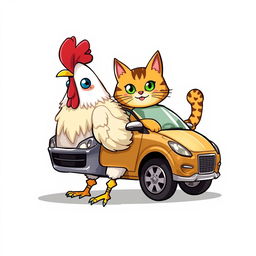 A whimsical and imaginative illustration of a unique creature called a Motorcatchen, featuring a fusion of half chicken, half cat, and half car