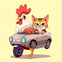 A whimsical and imaginative illustration of a unique creature called a Motorcatchen, featuring a fusion of half chicken, half cat, and half car