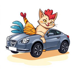 A whimsical and imaginative illustration of a unique creature called a Motorcatchen, featuring a fusion of half chicken, half cat, and half car