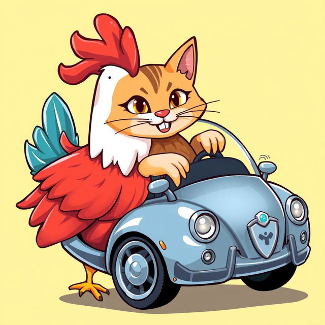 A whimsical and imaginative illustration of a unique creature called a Motorcatchen, featuring a fusion of half chicken, half cat, and half car